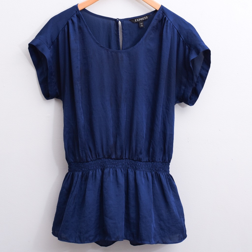 Navy Blue Short Sleeve Blouse Old Money Classic Peplum Bottom Medium